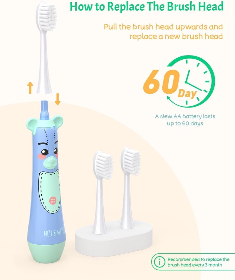 NELLWELL Kids Electric Toothbrush, 2-Min Timer, 3 Modes with Memory, IPX 7 Waterproof, Battery Powered Kids Toothbrush with 3 Soft Bristles Heads for Children Boys and Girls Ages 3+ - Image 4